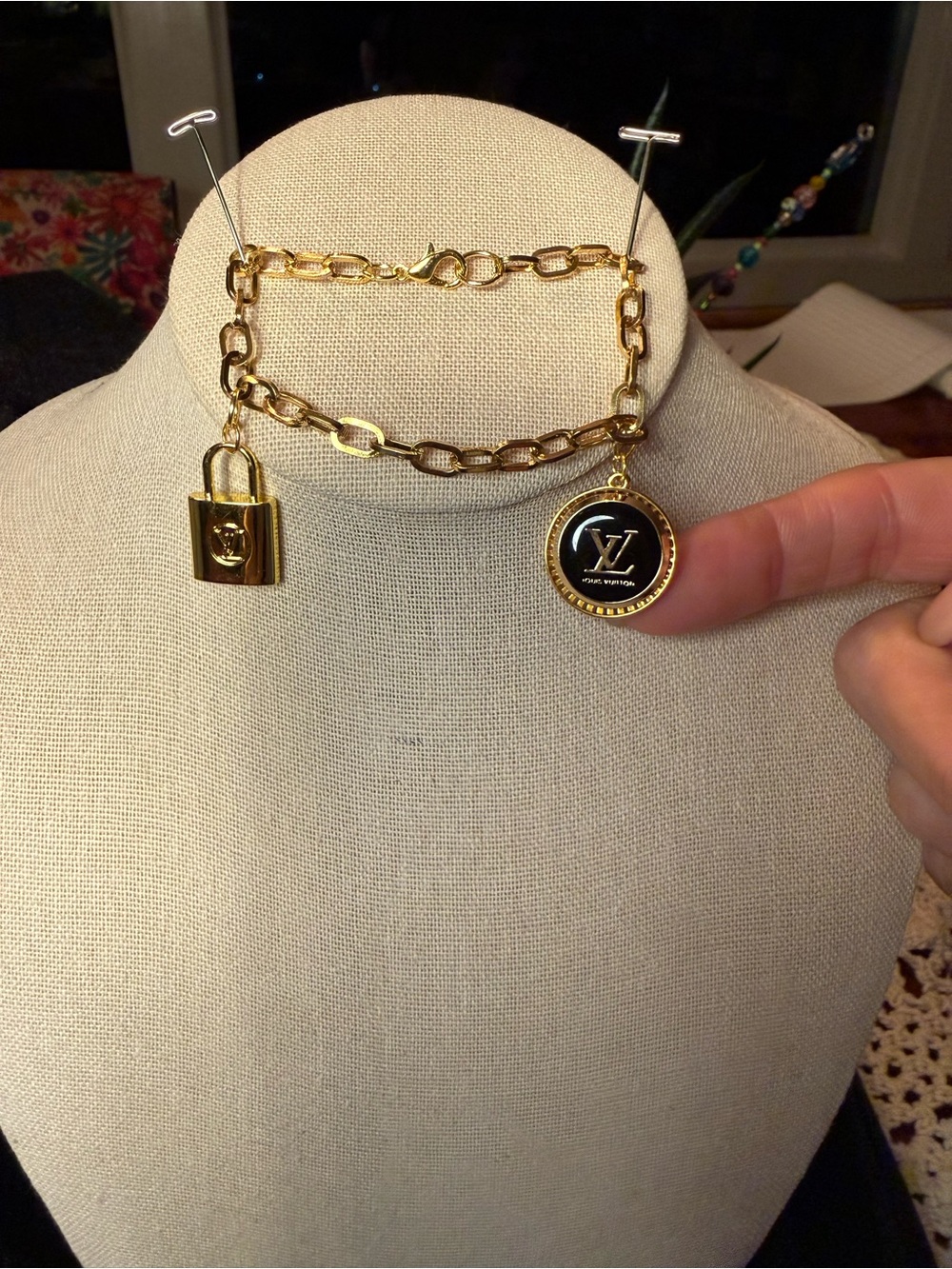 LV Gold Chain Bracelet with Black Logo Disc and Padlock - Picture 2 of 7